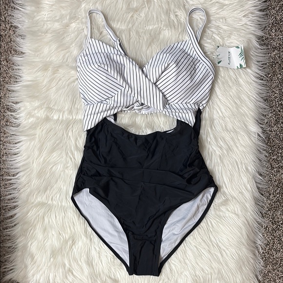 NWT Eomenie One Piece Black And White Tummy Control Wrap Tie Back Size L - Picture 2 of 12